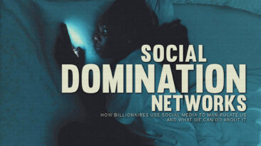 A blue-toned photograph shows a black person with long hair tied back at the nape of their neck lying on their side in bed, with a cell phone screen lit up a few inches from their face. Over the image is the text “Networks of Social Domination - How billionaires use social media to manipulate us and what we can do about it” in white letters.