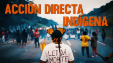 Portada del video «Acción directa indígena» con el título en letras grandes de color naranja sobre una fotografía de un indígena de espaldas, con un tocado, observando frente a él a un grupo de diversos indígenas bloqueando la carretera.